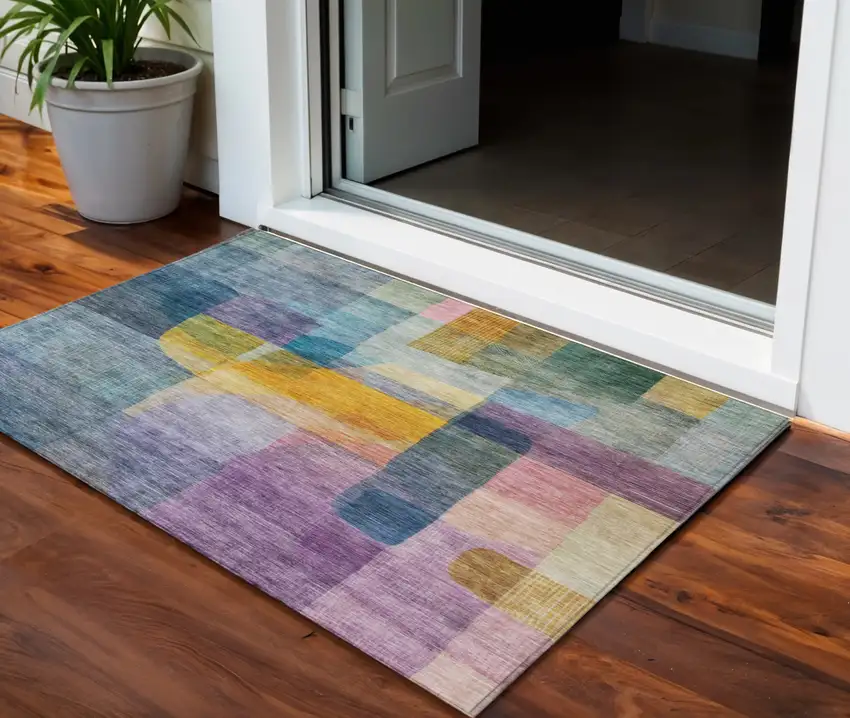 Blue Green And Purple Abstract Washable Indoor Outdoor Area Rug Photo 1