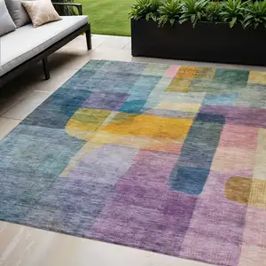 Photo of Blue Green And Purple Abstract Washable Indoor Outdoor Area Rug
