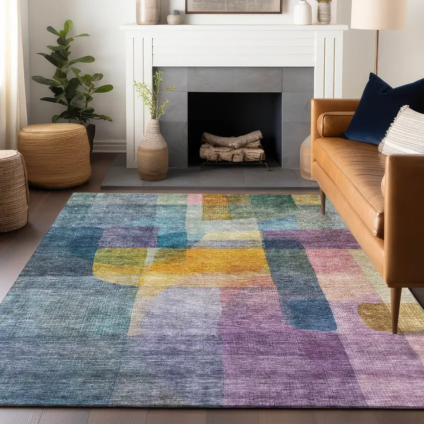 Blue Green And Purple Abstract Washable Indoor Outdoor Area Rug Photo 9