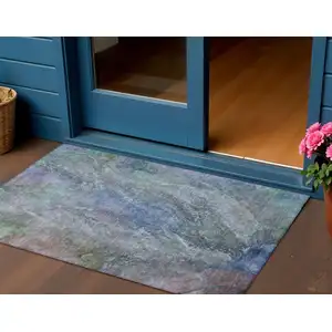 Photo of Blue Green And Purple Abstract Washable Indoor Outdoor Area Rug