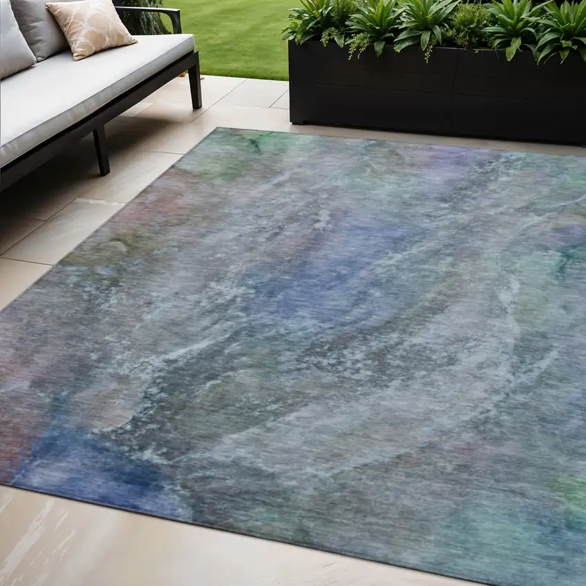 Blue Green And Purple Abstract Washable Indoor Outdoor Area Rug Photo 1