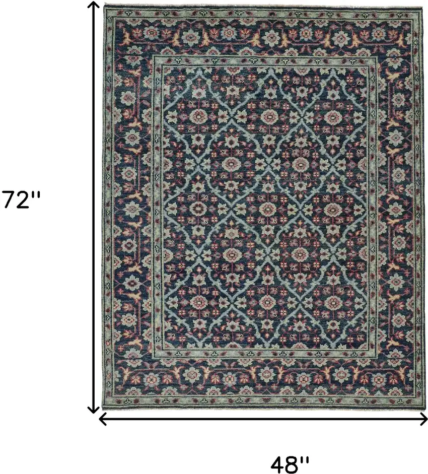 Blue and Green Wool Floral Hand Knotted Distressed Area Rug With Fringe Photo 3