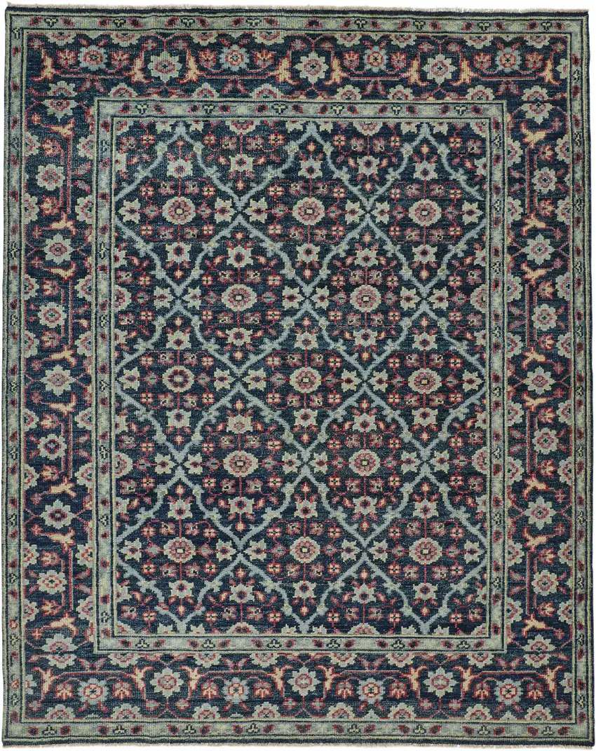 Blue Green And Red Wool Floral Hand Knotted Distressed Stain Resistant Area Rug With Fringe Photo 2