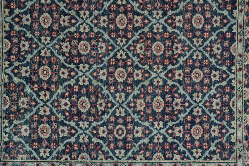 Blue Green And Red Wool Floral Hand Knotted Distressed Stain Resistant Area Rug With Fringe Photo 7