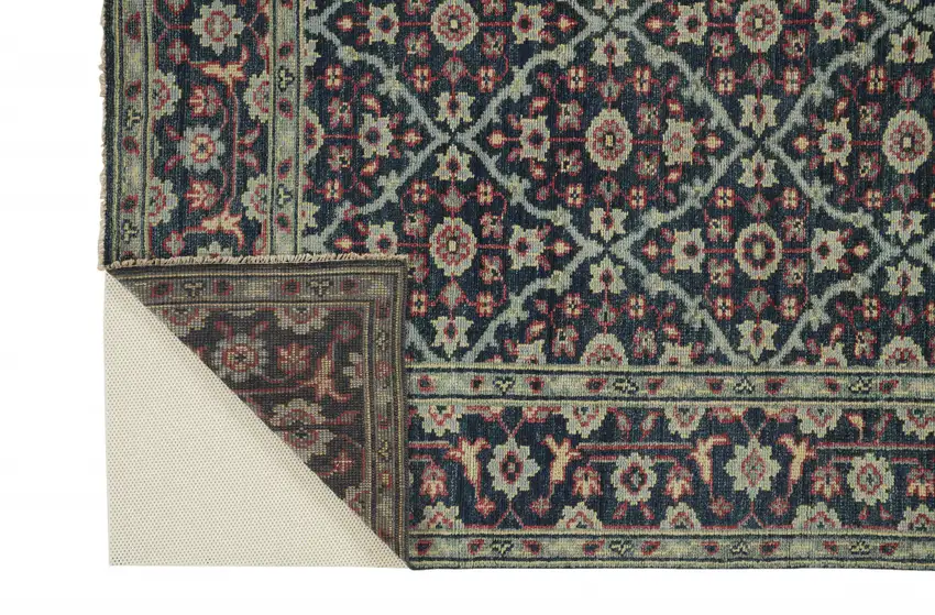 Blue Green And Red Wool Floral Hand Knotted Distressed Stain Resistant Area Rug With Fringe Photo 9
