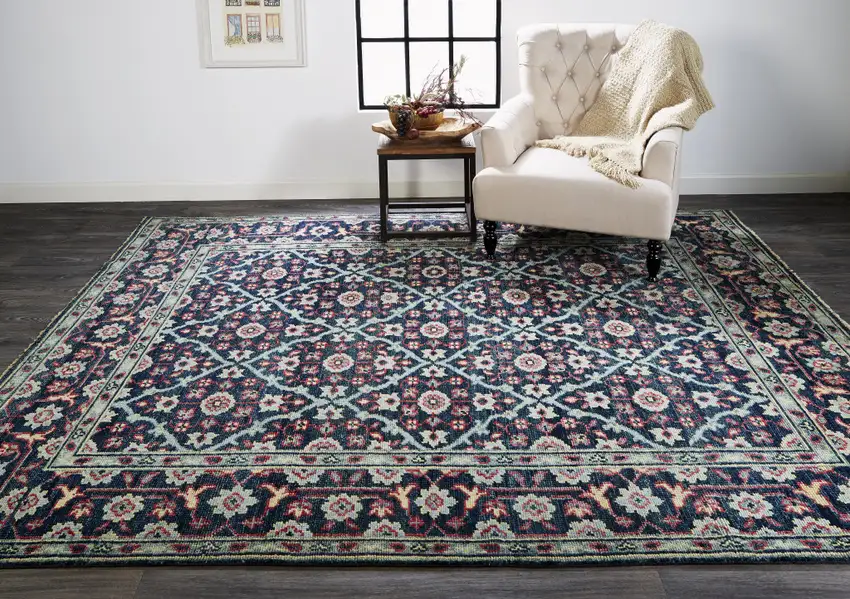 Blue Green And Red Wool Floral Hand Knotted Distressed Stain Resistant Area Rug With Fringe Photo 8