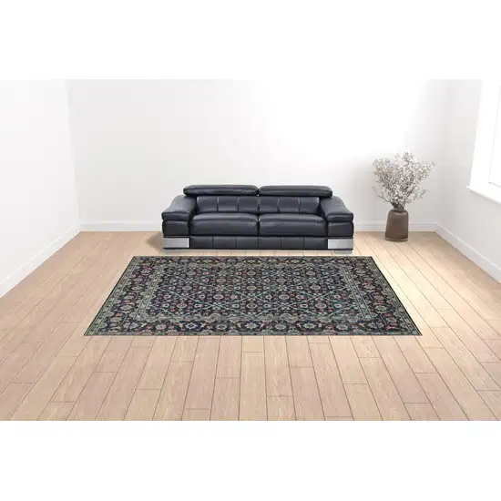 Blue Green And Red Wool Floral Hand Knotted Distressed Stain Resistant Area Rug With Fringe Photo 4