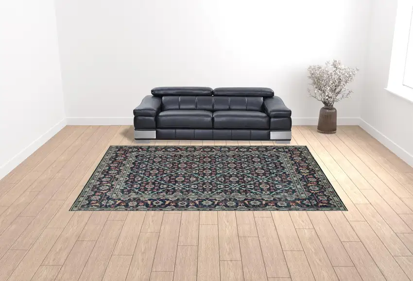 Blue Green And Red Wool Floral Hand Knotted Distressed Stain Resistant Area Rug With Fringe Photo 4