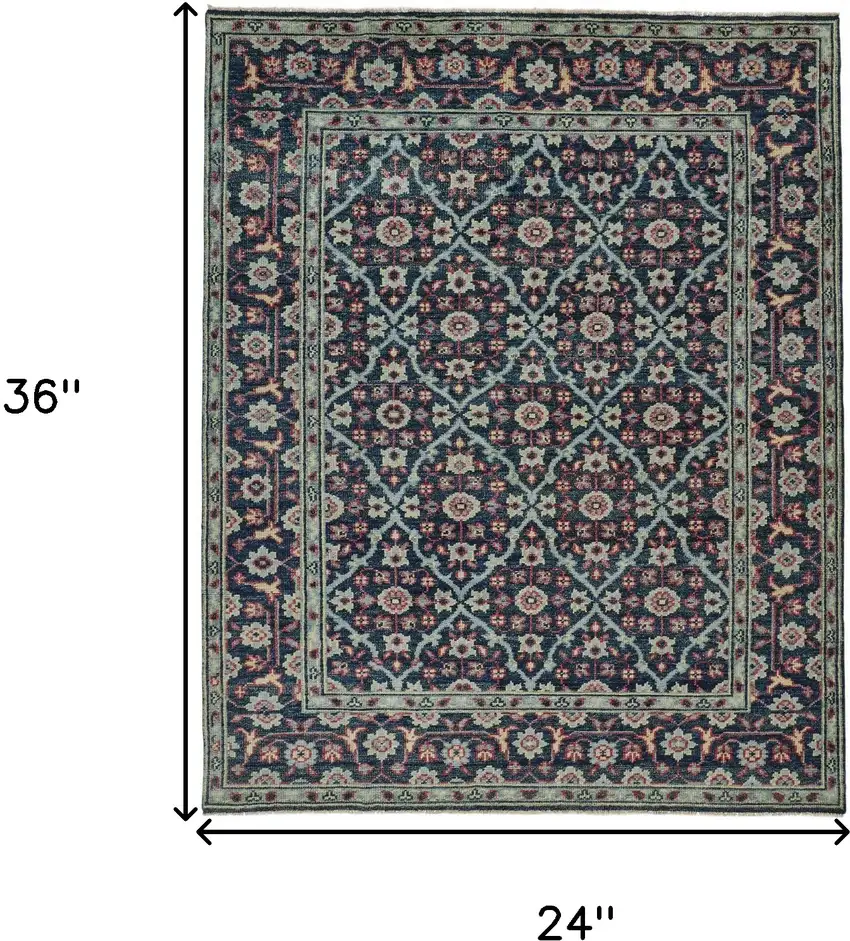 Blue and Green Wool Floral Hand Knotted Distressed Area Rug With Fringe Photo 3