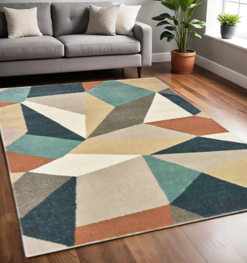 Blue Green And Beige Abstract Geometric Area Rug Photo 1
