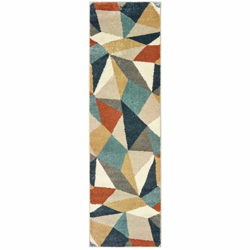 8' Blue Green Beige Retro Wedge Indoor Runner Rug Photo 2