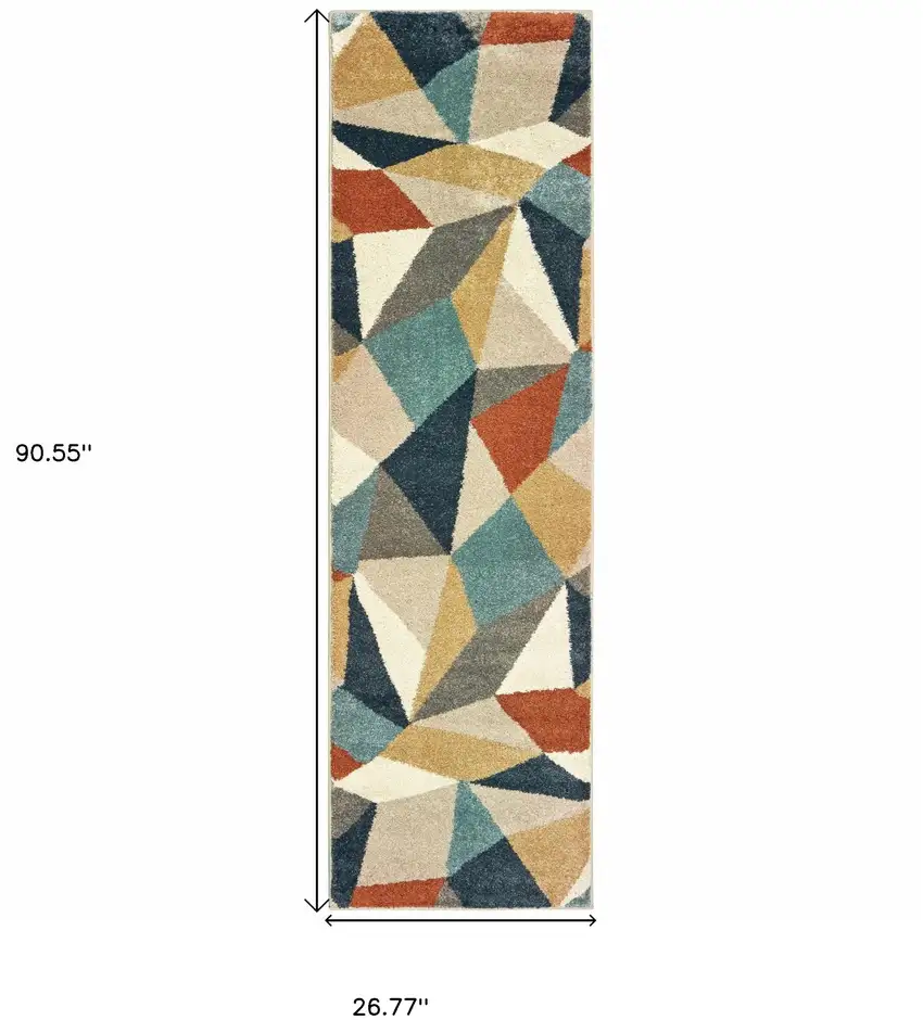 8' Blue Green Beige Retro Wedge Indoor Runner Rug Photo 6