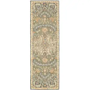 Photo of Blue Green Clay And Gold Oriental Tufted Handmade Stain Resistant Runner Rug