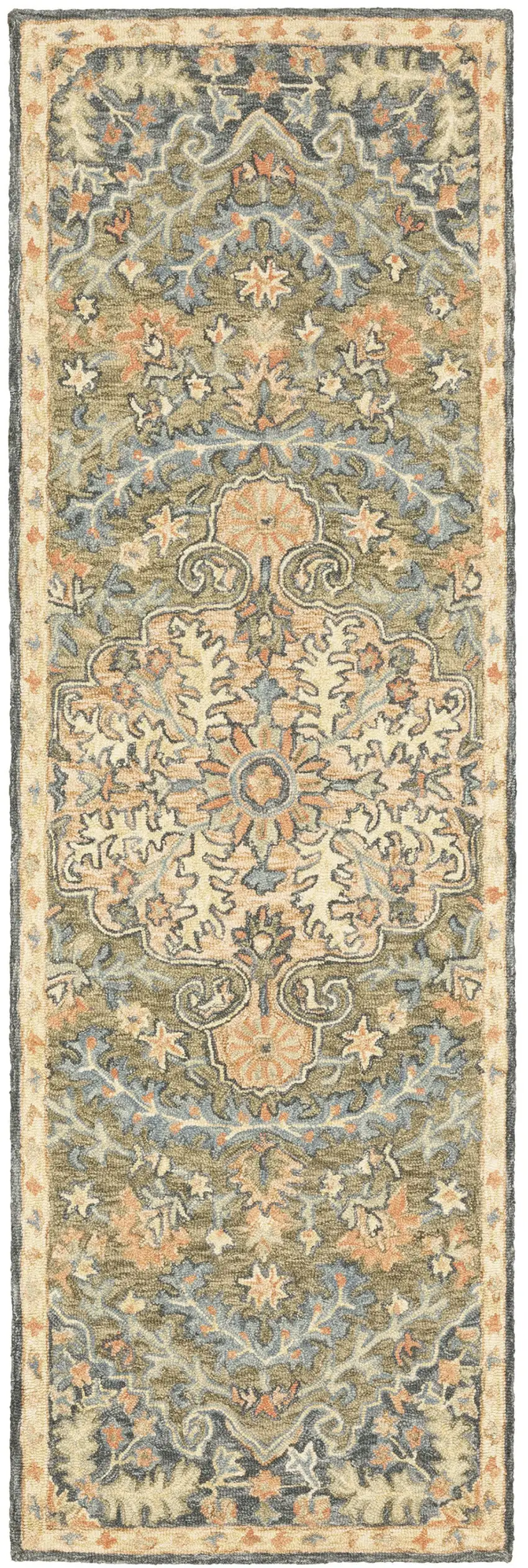 Blue Green Clay And Gold Oriental Tufted Handmade Stain Resistant Runner Rug Photo 1