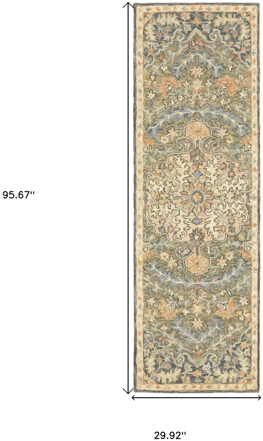 2' X 8' Blue Green Clay And Gold Oriental Tufted Handmade Stain Resistant Runner Rug Photo 7