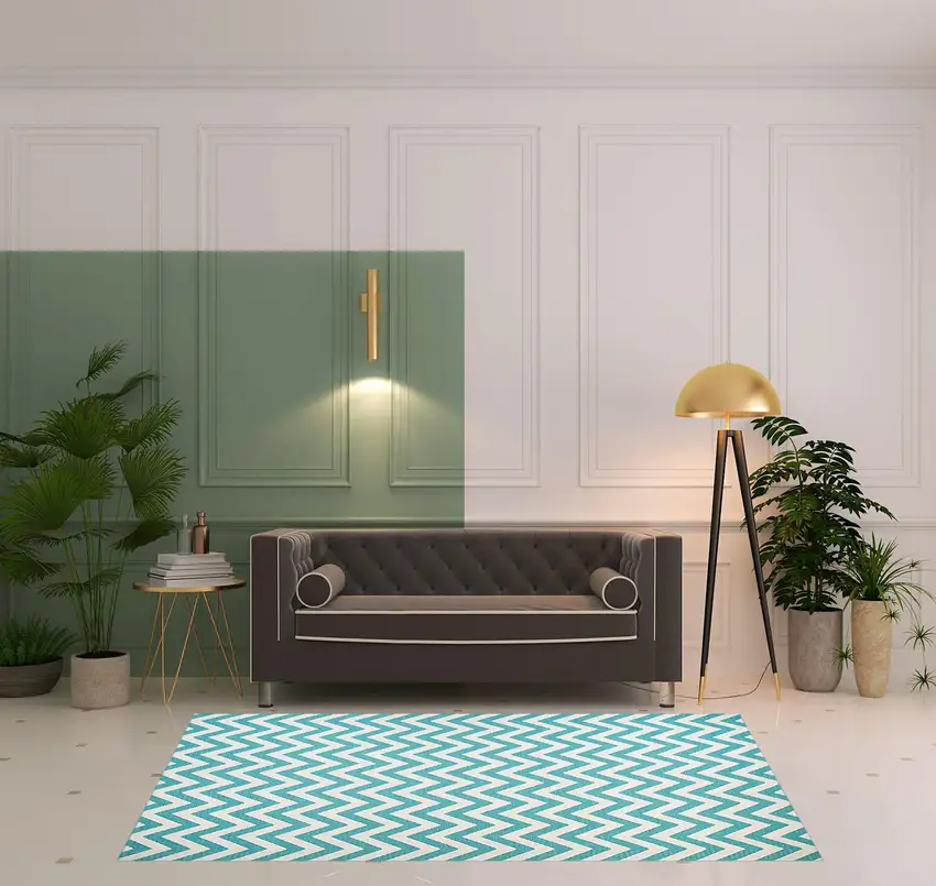 Blue-Green/Cream Chevron Stain Resistant Indoor Outdoor Area Rug Photo 2