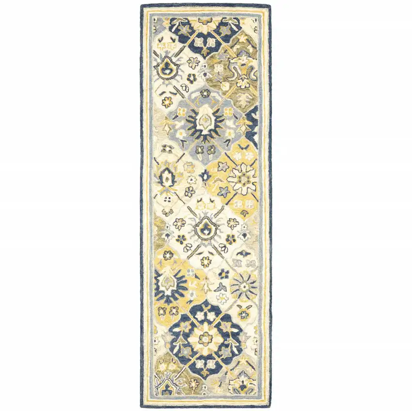 Blue Green Gold Navy And Ivory Geometric Tufted Handmade Stain Resistant Runner Rug Photo 1