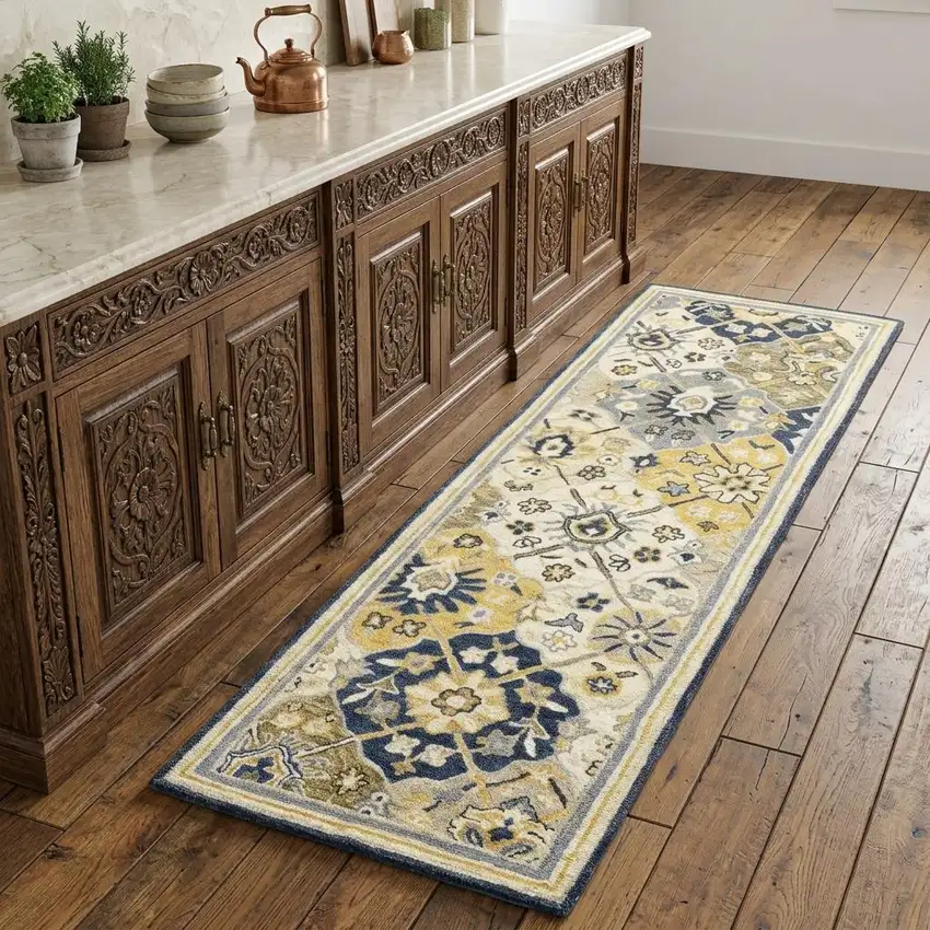 8' Blue And Gold Wool Geometric Hand Tufted Distressed Runner Rug Photo 1