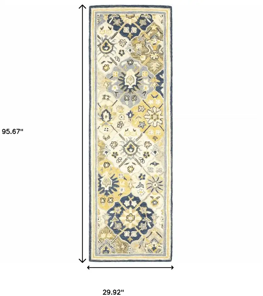 Blue Green Gold Navy And Ivory Geometric Tufted Handmade Stain Resistant Runner Rug Photo 6