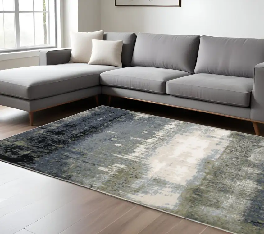Blue Green Grey And Beige Abstract Power Loom Stain Resistant Area Rug Photo 1