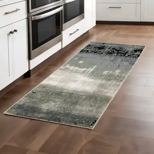 Photo of Blue Green Grey And Beige Abstract Power Loom Stain Resistant Runner Rug