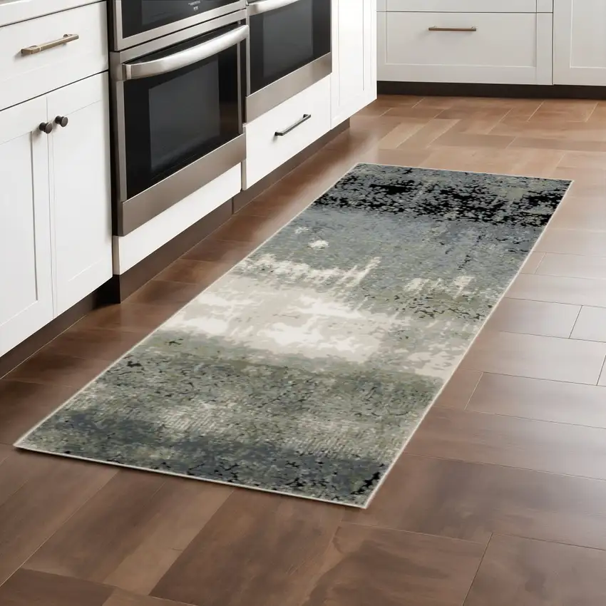 2' X 8' Blue Green Grey And Beige Abstract Power Loom Stain Resistant Runner Rug Photo 1