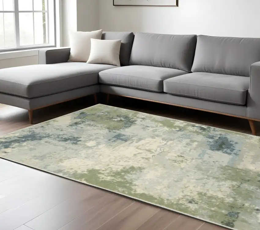 Blue Green Grey And Ivory Abstract Power Loom Stain Resistant Area Rug Photo 1