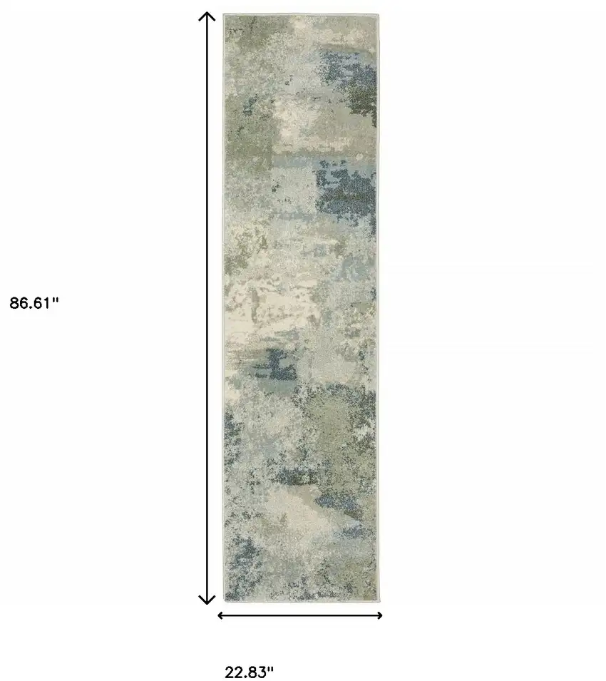 Blue Green Grey And Ivory Abstract Power Loom Stain Resistant Runner Rug Photo 8
