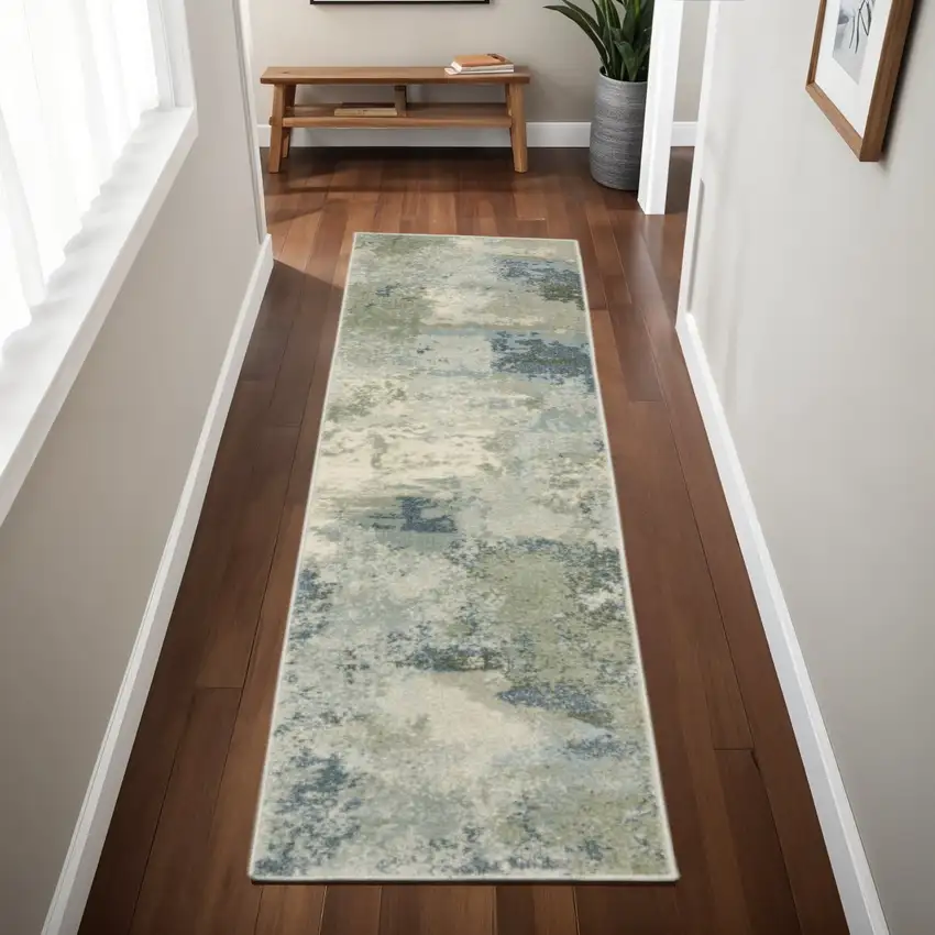 2' X 8' Blue Green Grey And Ivory Abstract Power Loom Stain Resistant Runner Rug Photo 1