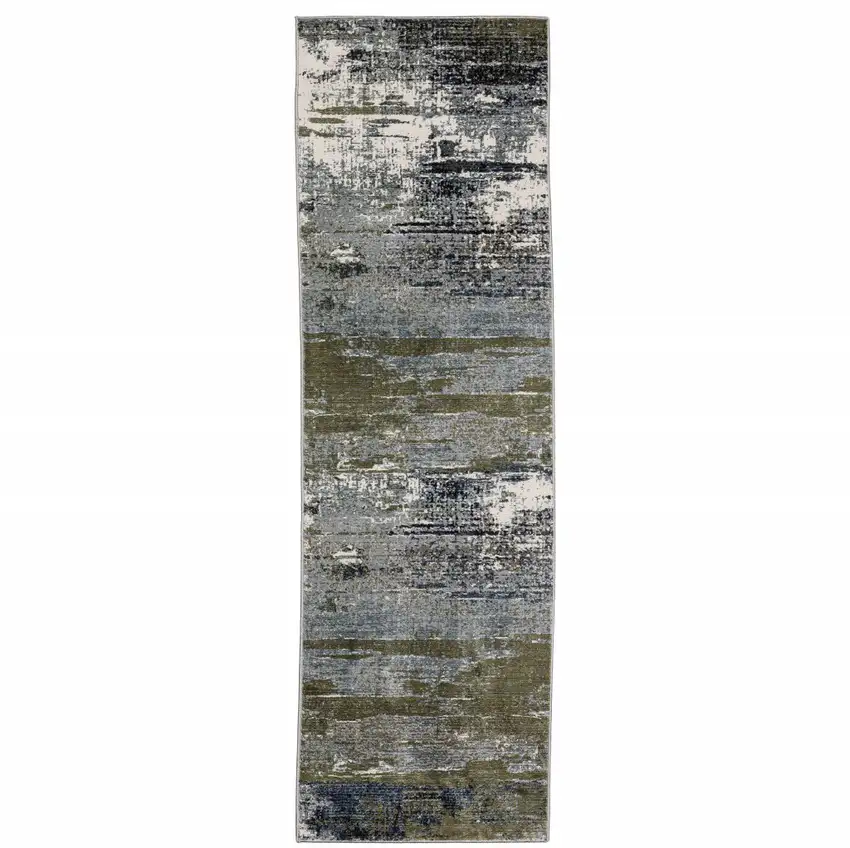 Blue Green Grey Brown And Beige Abstract Power Loom Stain Resistant Runner Rug Photo 1