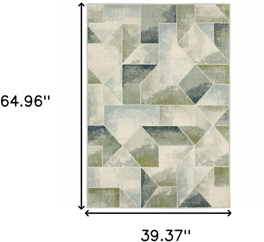 Blue Green Grey Gold And Ivory Geometric Power Loom Stain Resistant Area Rug Photo 3