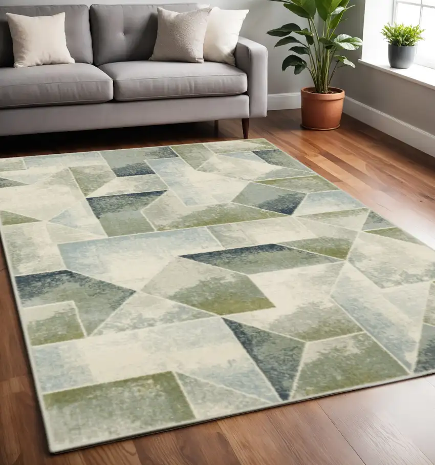 Blue Green Grey Gold And Ivory Geometric Power Loom Stain Resistant Area Rug Photo 1