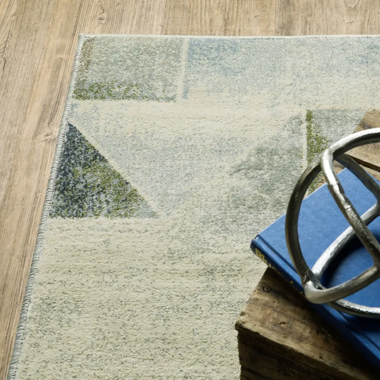Blue Green Grey Gold And Ivory Geometric Power Loom Stain Resistant Runner Rug Photo 4