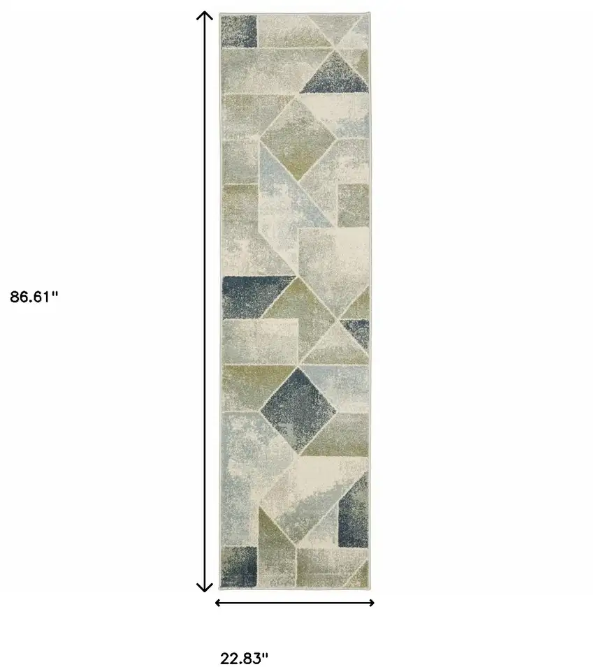 2' X 8' Blue Green Grey Gold And Ivory Geometric Power Loom Stain Resistant Runner Rug Photo 3