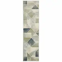 Photo of Blue Green Grey Gold And Ivory Geometric Power Loom Stain Resistant Runner Rug