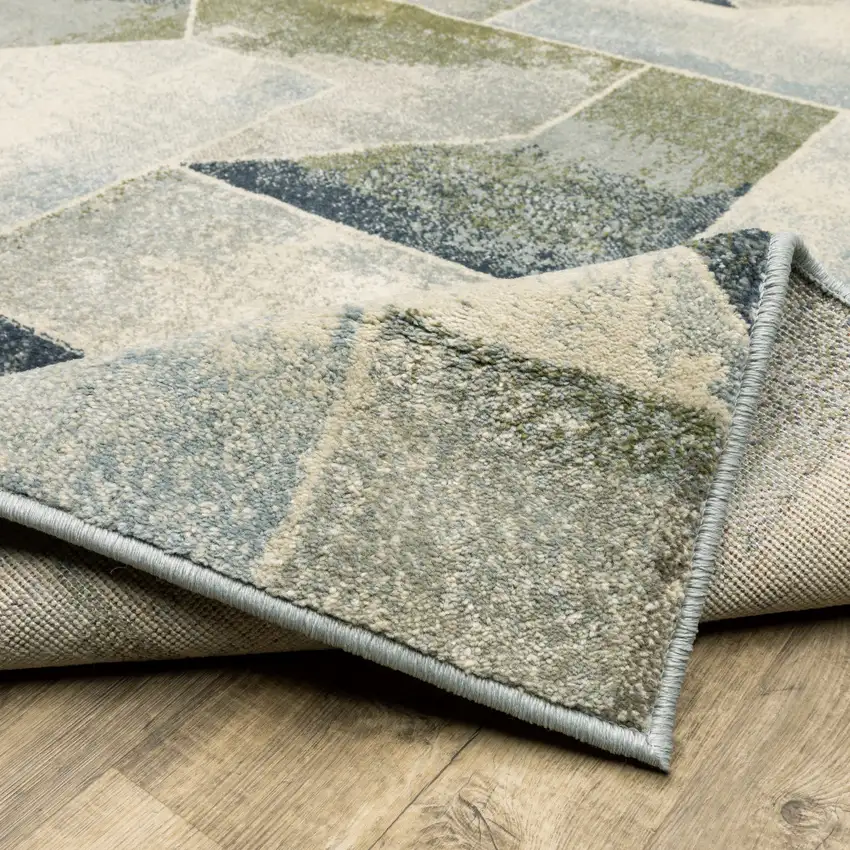 Blue Green Grey Gold And Ivory Geometric Power Loom Stain Resistant Runner Rug Photo 9