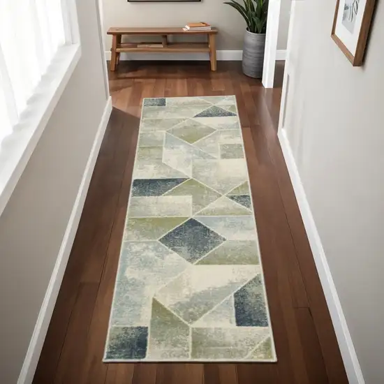 2' X 8' Blue Green Grey Gold And Ivory Geometric Power Loom Stain Resistant Runner Rug Photo 1
