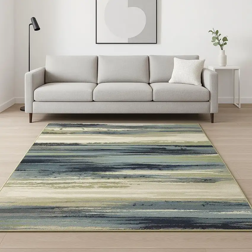Blue Green Grey Light Blue And Beige Abstract Power Loom Stain Resistant Area Rug Photo 1