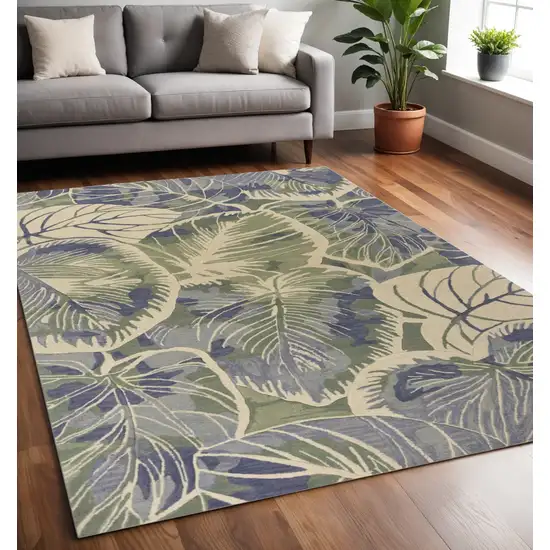 Blue Green And Beige Wool Tropical Botanical Hand Tufted Area Rug Photo 1