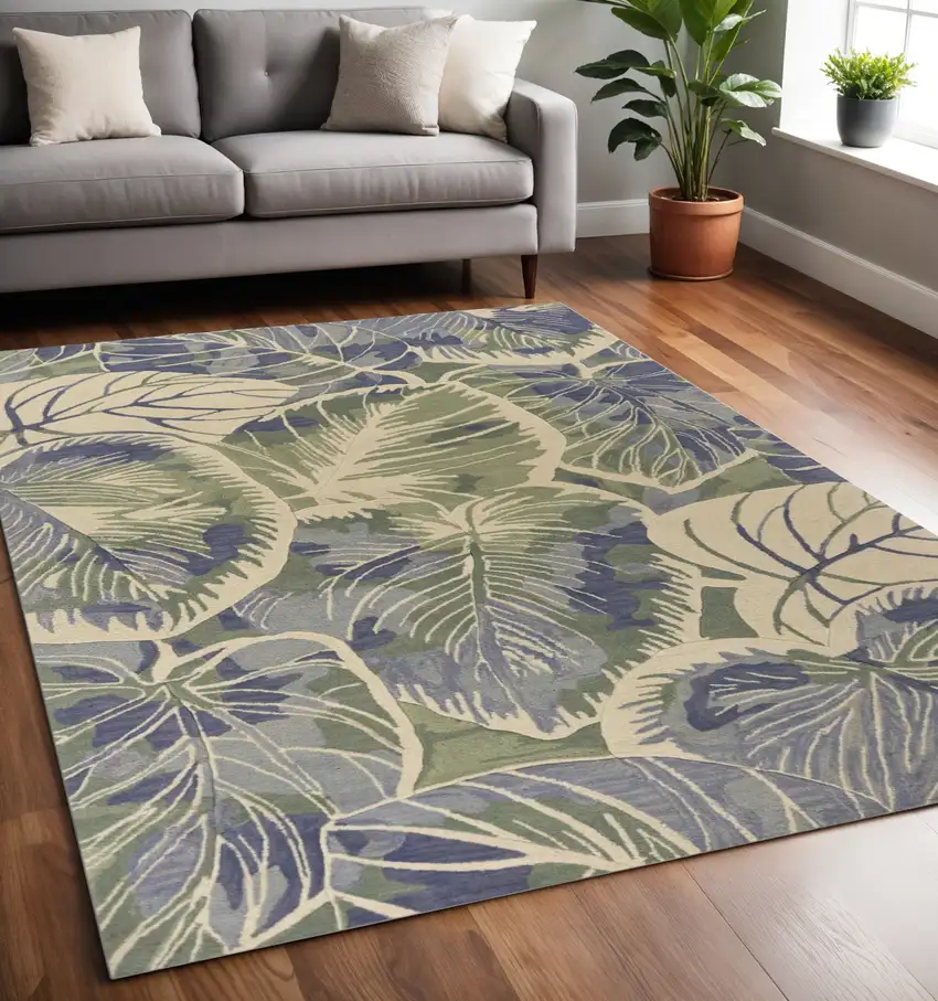 Blue Green And Beige Wool Tropical Botanical Hand Tufted Area Rug Photo 1