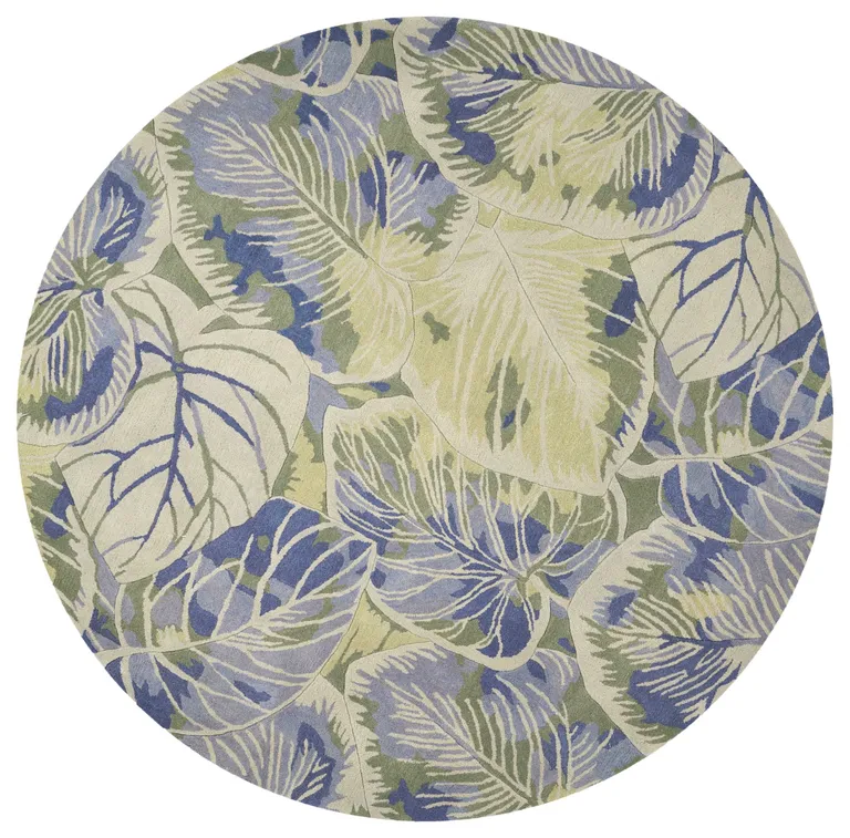 Blue Green Hand Tufted Tropical Leaves Round Indoor Area Rug Photo 1