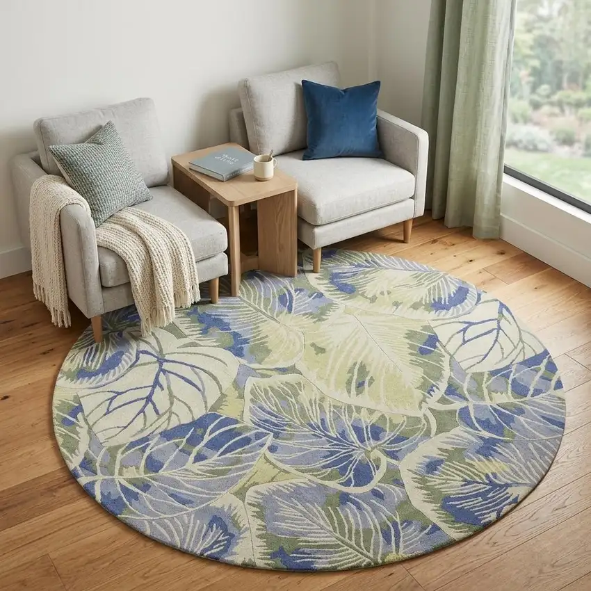 6' Blue Green And Beige Wool Tropical Botanical Hand Tufted Round Rug Photo 1