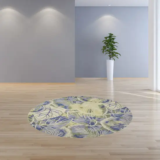 Blue Green Hand Tufted Tropical Leaves Round Indoor Area Rug Photo 4