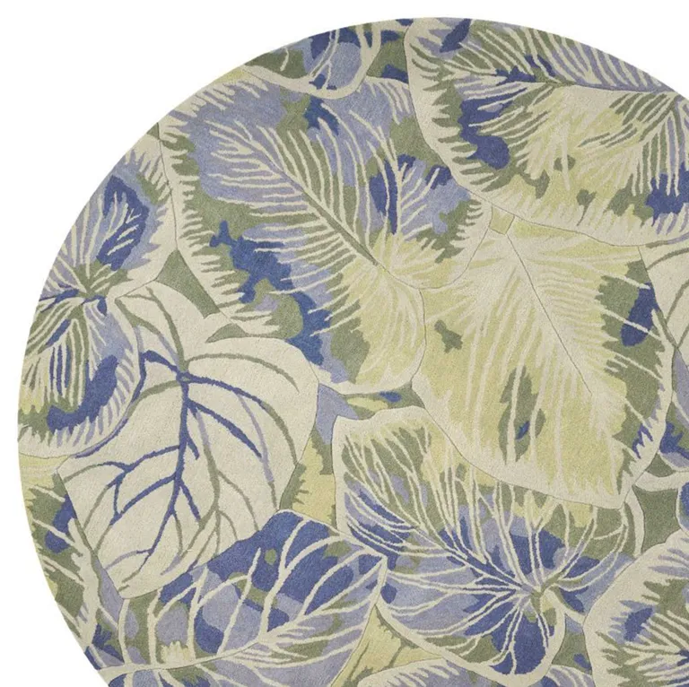 Blue Green Hand Tufted Tropical Leaves Round Indoor Area Rug Photo 2