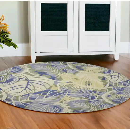 6' Blue Green Hand Tufted Tropical Leaves Round Indoor Area Rug Photo 1