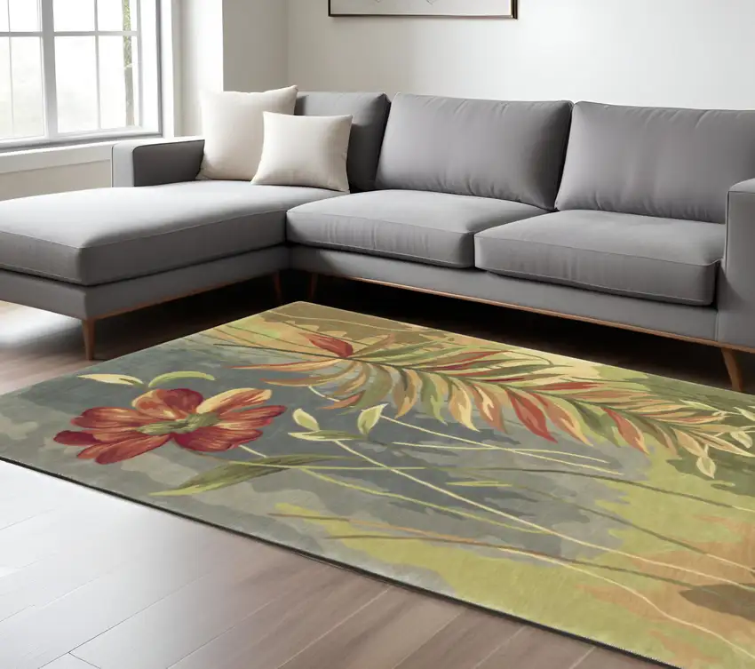 Blue And Green Wool Tropical Botanical Hand Tufted Area Rug Photo 1