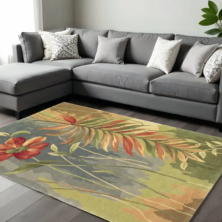 Blue And Green Wool Tropical Botanical Hand Tufted Area Rug Photo 1