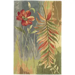Photo of Blue Green Hand Tufted Tropical Plant Indoor Area Rug