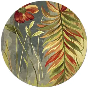 Photo of Blue Green Hand Tufted Tropical Plants Round Indoor Area Rug