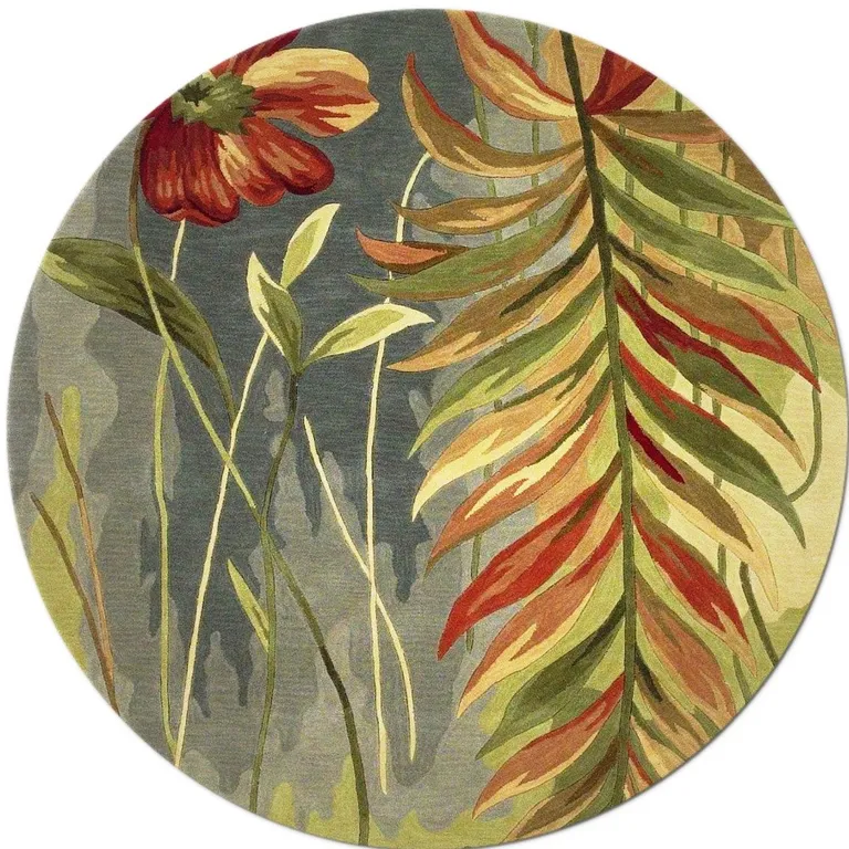 Blue Green Hand Tufted Tropical Plants Round Indoor Area Rug Photo 5